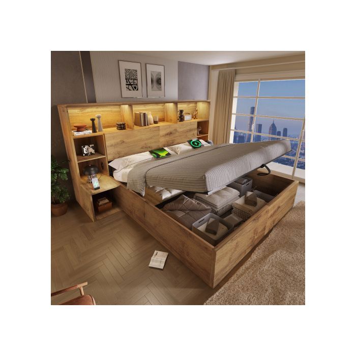 Lit coffre 160x200 cm - Lit double - Avec tête de lit avec LED chargement USB et Type C - En bois - Chêne - Sans matelas