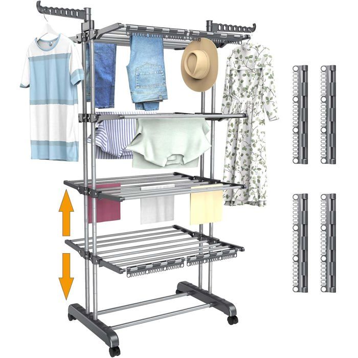 Séchoir à linge pliable 5 niveaux acier inox hauteur réglable 32 tringles + 14 crochets roulettes grande capacité