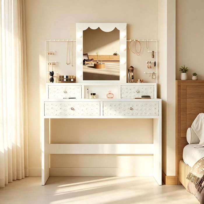 Coiffeuse Blanc avec Miroir LED 4 Tiroirs 8 ampoules 3 Modes D’Éclairage étagère à bijoux amovible