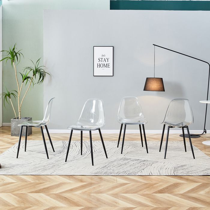 Lot de 4 chaises de salle à manger 44x457x83 cm avec pieds en métal noirs assise plastique style moderne transparent