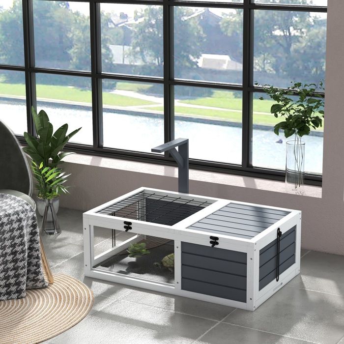 MOTHINESSTO2229-Maison enclos cage pour petit animal tortue avec 2 espaces support de lampe 81 x 48 x 31 5 cm gris