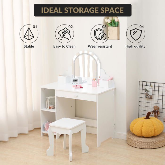 Coiffeuse enfant avec miroir LED - LUNSY - Miroir LED à 3 couleurs réglables - Coiffeuse 2-en-1 en forme de vague