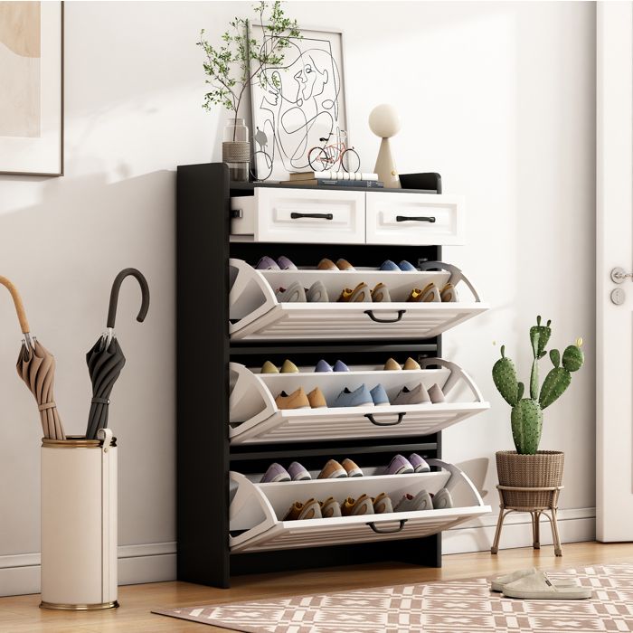 Meuble à chaussures pivotant 3 abattants 2 tiroirs - TCQPZ - en panneaux de particules blanc et noir 80 × 235 × 131 cm