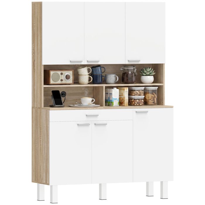 Armoire de cuisine - HOMCOM - 6 portes tiroir et étagères ouvertes - bois - 120x40x175cm - blanc et bois naturel