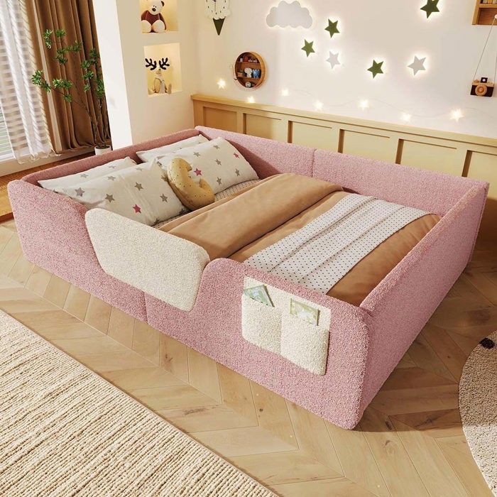 Lit denfant - 140 x 190 cm - Velours rose - Barrières latérales amovibles - Sommier à lattes