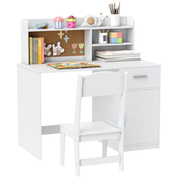 Bureau enfant avec chaise - AIYAPLAY - tiroir placard compartiments ouverts tableau en liège - bois - 90 2x48 1x 90 8cm - blanc Bureau enfant avec chaise - AIYAPLAY - tiroir placard compartiments ouverts tableau en liège - bois - 90 2x48 1x 90 8cm - blanc