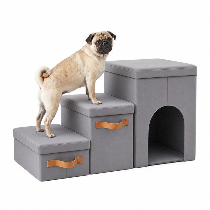 Relaxdays Escalier chien 3 marches niche & rangement HxLxP 445x78x335 cm pliable rampe lit & canapé gris