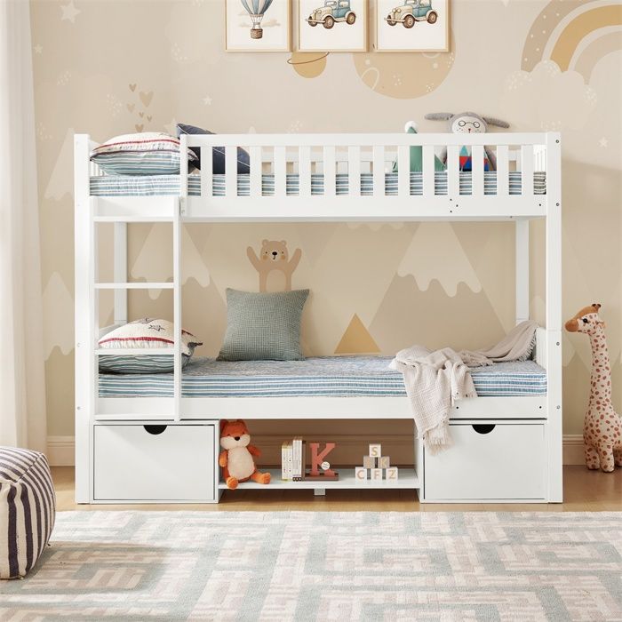 Lit Superposé 90x200cm  - Lit Enfant 90x200cm - Séparable en 2 Lits Simples Tiroirs Rangement -  Sans matelas - Blanc