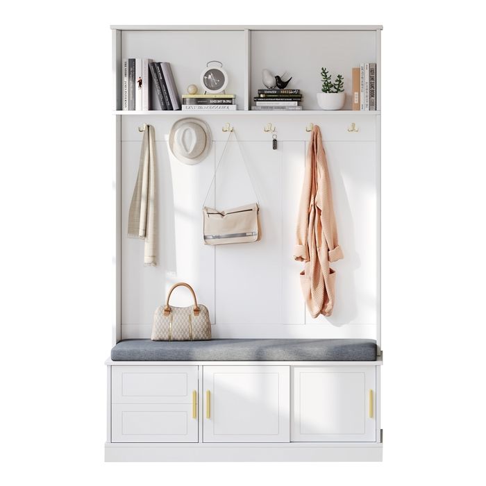Porte-Manteau avec Banc à Chaussures Meuble d’Entrée avec 6 Crochets Cintres pour Votre entrée CouloirVestiaire dentréeBlanc