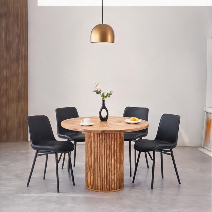 Set table ronde et 4 chaises en simili cuir noir et finition bois Ø 100 cm style scandinave