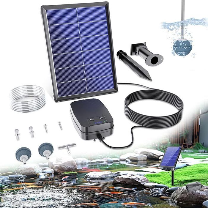 Aérateur de bassin - Pompe à oxygène solaire - 4 W - Pompe à oxygène avec batterie - 3 modes - 2 pierres à air pour étang jardin
