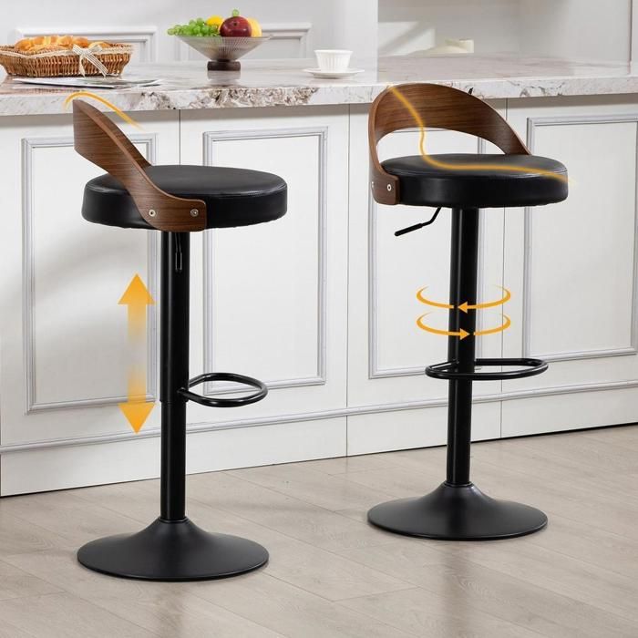 Tabouret de bar - KOMHTOM - Lot de 2 - Pivotant 360° - Hauteur réglable - Dossier bois noyer Tabouret de bar - KOMHTOM - Lot de 2 - Pivotant 360° - Hauteur réglable - Dossier bois noyer