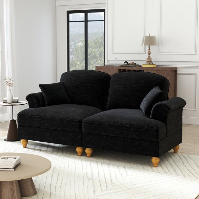 Canapé fixe 2 places avec housse à volant amovible chenille noire 194 x 835 x 93 cm pieds en bois Grjofek