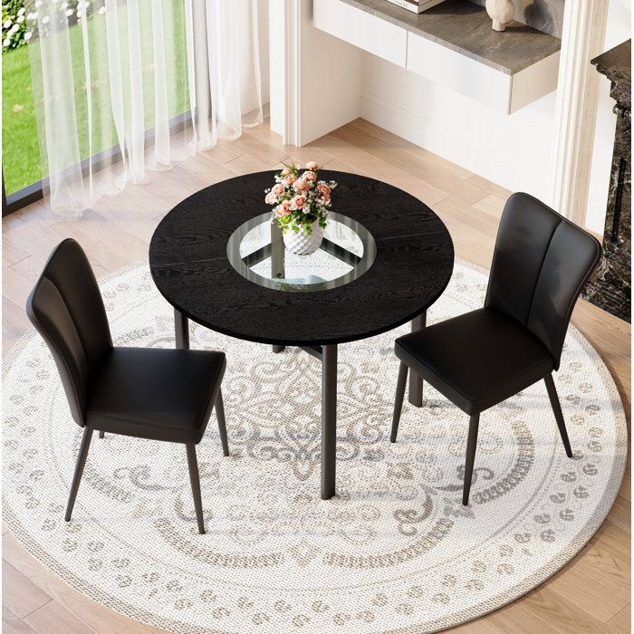 DESVIAE Ensemble table ronde 100 cm avec 2 chaises noires MDF aspect bois noir verre et pieds métalliques