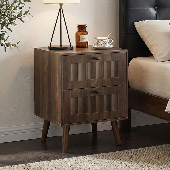HOMVRA Table de chevet 2 tiroirs 435 x 40 x 575 cm finition noyer avec pieds en bois massif