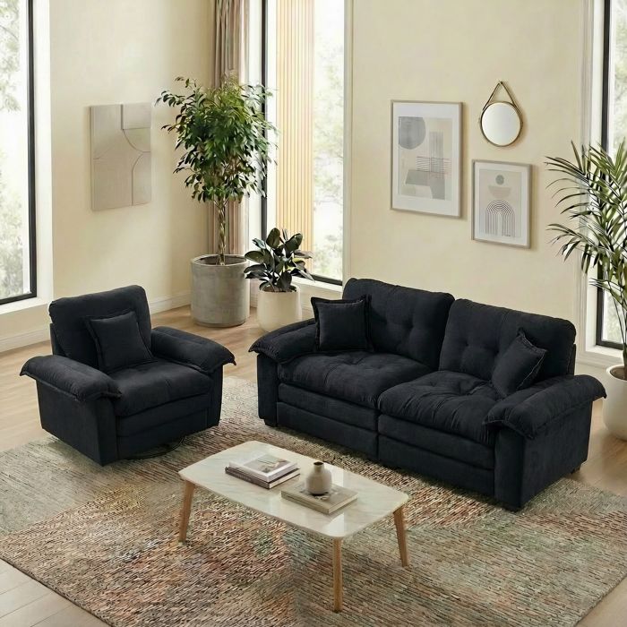Ensemble canapés 2 pièces noir en chenille fauteuil 1 place + canapé 2 places assise profonde coussins inclus