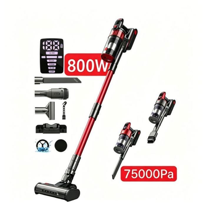 Aspirateur balai sans fil silencieux spécial poils animaux 800W 75Kpa 70min autonomie bac 2L filtre 7 étapes multifonction LED