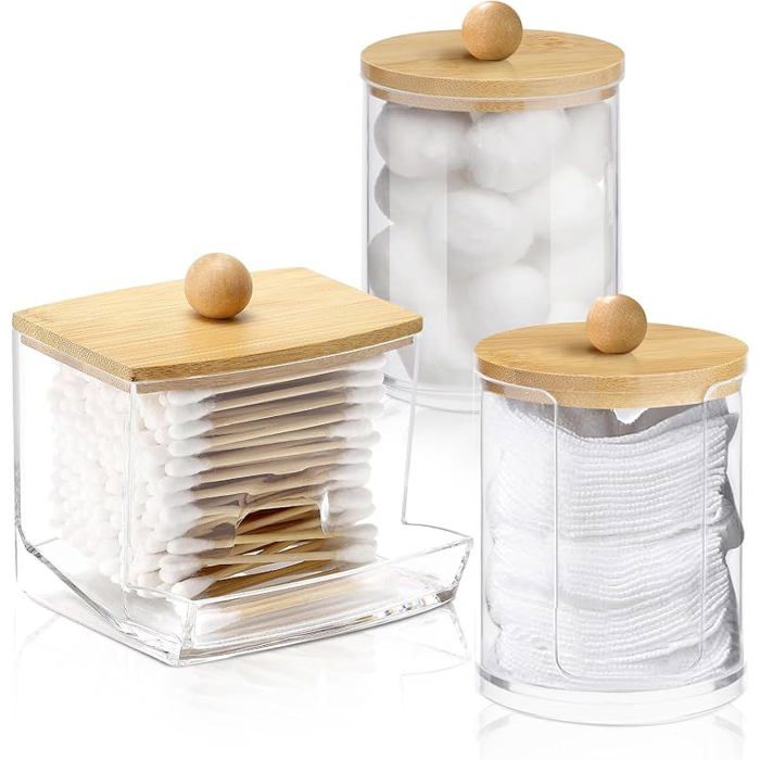 3 Pièces Boite Coton Tige Rangement Coton Tige avec Couvercle en Bambou Distributeur de Cotons Tiges en Acrylique Transparent