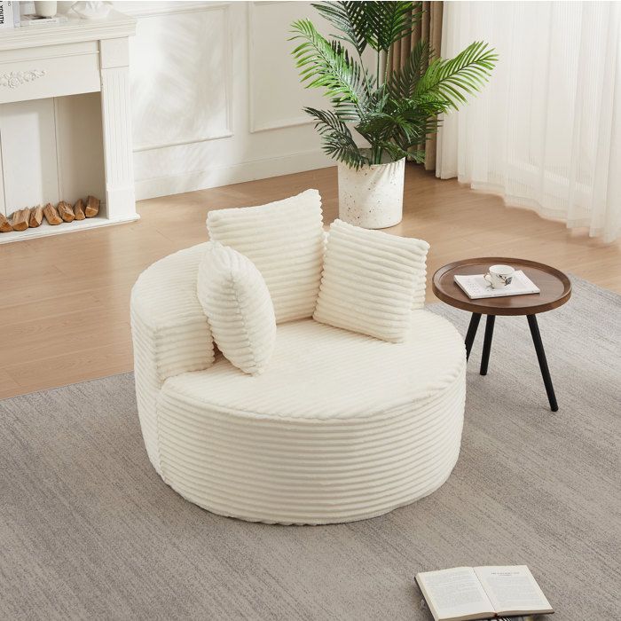 Fauteuil rond 1 place en corduroy beige 110 cm avec 3 coussins design minimaliste