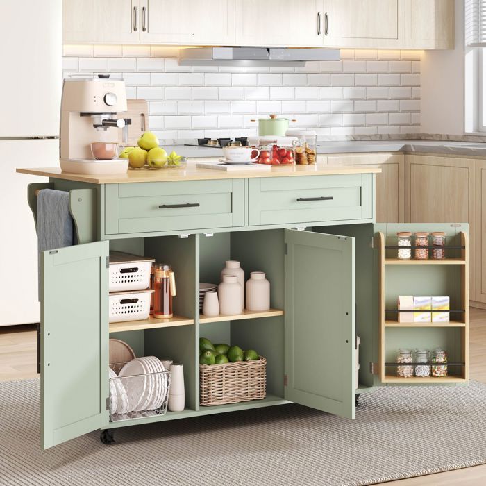 Buffet de cuisine - SOGEU - 129 x 71 x 91 5 cm - Plateau rabattable extensible - Roulettes avec 2 freins - Pieds en bois massif