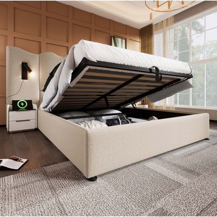 Lit coffre 160 x 200 avec matelas AESVAR liseuses LED USB et Type-C tête de lit ondulée beige