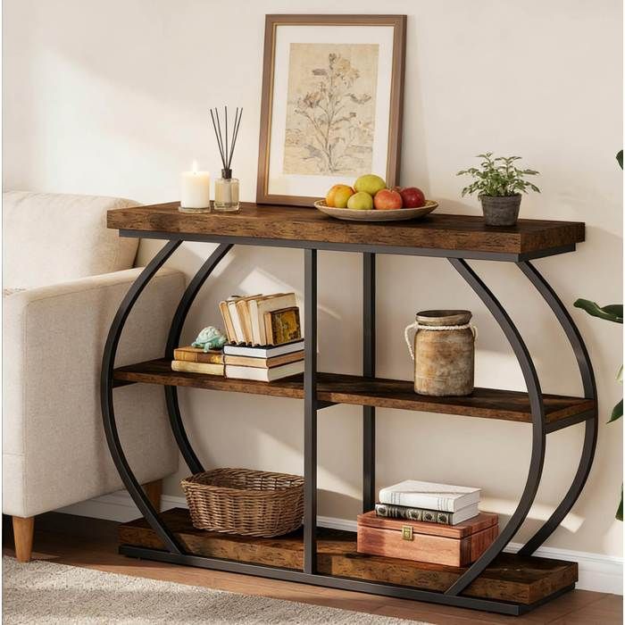 COVREO Table console 3 niveaux 105 x 24 x 80 cm style industriel métal et bois marron