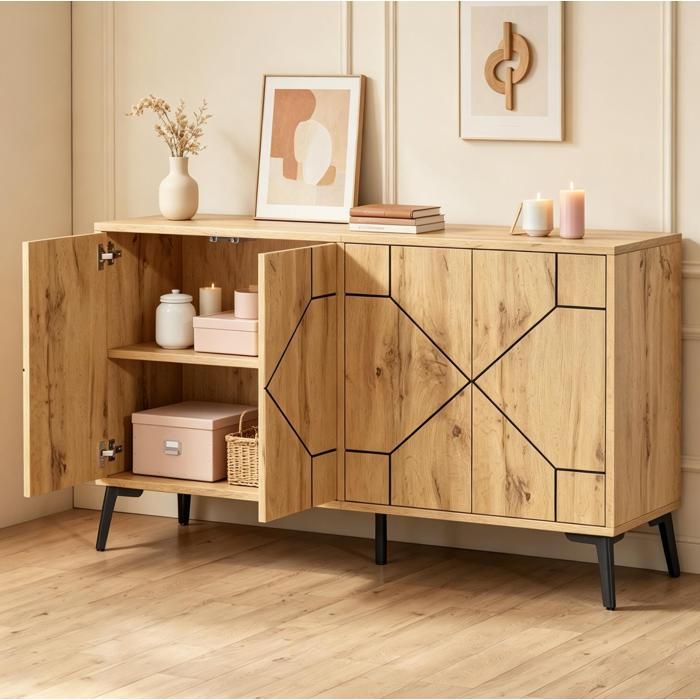 COVREO Buffet bas 4 portes 120 x 35 x 69 cm ouverture par pression MDF et métal décor bois naturel et noir
