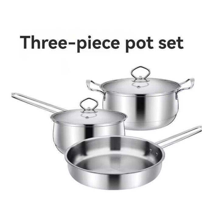 Batterie de cuisine inox 3 pièces – Poêle à frire 24cm casserole 18cm marmite 22cm – Compatible induction et gaz