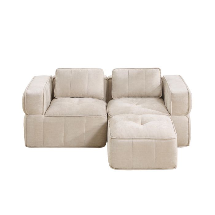 Canapé dangle modulable 2 places avec pouf - YEAVIO - mousse haute densité 32D tissu polyester beige