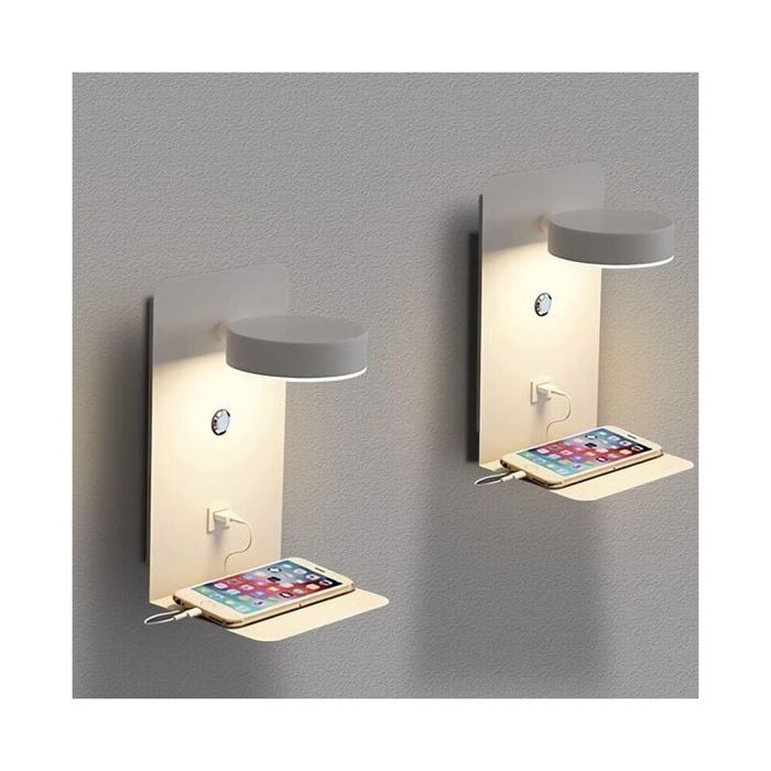 Applique murale avec lampe de lecture - Angle réglable 330° Port USB et étagère - Lecture chambre salon - 24x12x14 cm 12 W