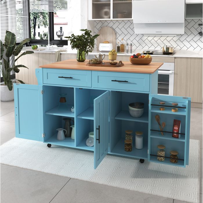 Desserte de cuisine avec plan de travail rabattable 2 tiroirs 3 portes étagères réglables roulettes et aspect bois bleu