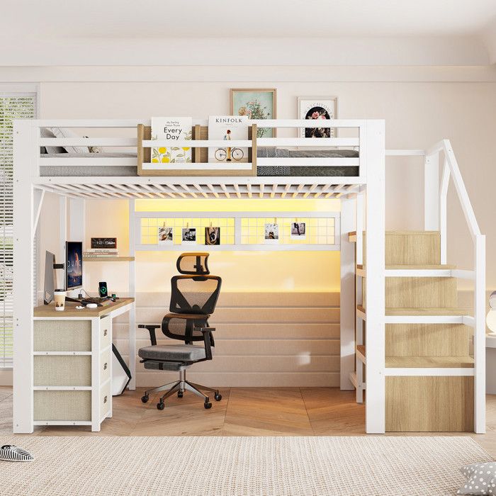 Lit mezzanine métal 140x200cm lit ado avec bureau 3 tiroirs penderie lit double avec éclairage LED et sommier à lattes-blanc