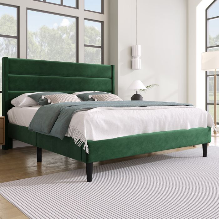 Lit rembourré double 140 x 200 cm avec sommier à lattes tête de lit velours vert foncé design moderne pour adulte et adolescent