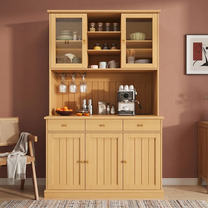 Buffet haut - ZEVKOR - 120x40x191 cm - Portes vitrées - 3 tiroirs - Ports USB/prises intégrées