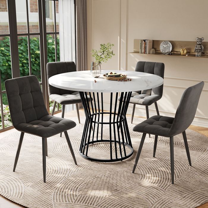 Ensemble table et chaises - ZEVKOR - 1 table ronde 4 chaises - Plateau effet marbre - MDF et métal - Chaises velours