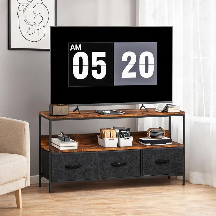 Meuble TV industriel brun rustique 120 cm avec 3 tiroirs pliables et cadre acier - Brun Rustique Panneau de particules Acier 120