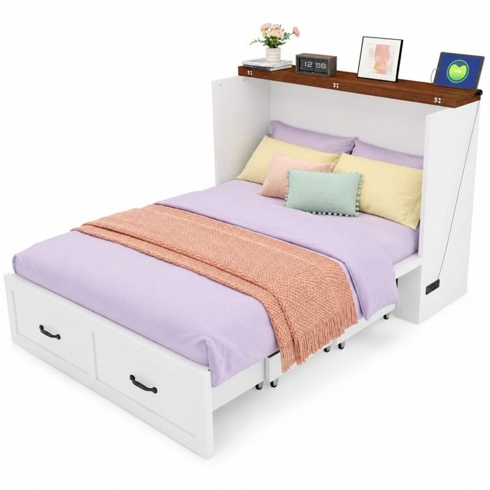 Lit escamotable 140x200 cm armoire avec rangement cadre en métal prise intégrée roulettes silencieuses FOLYNA