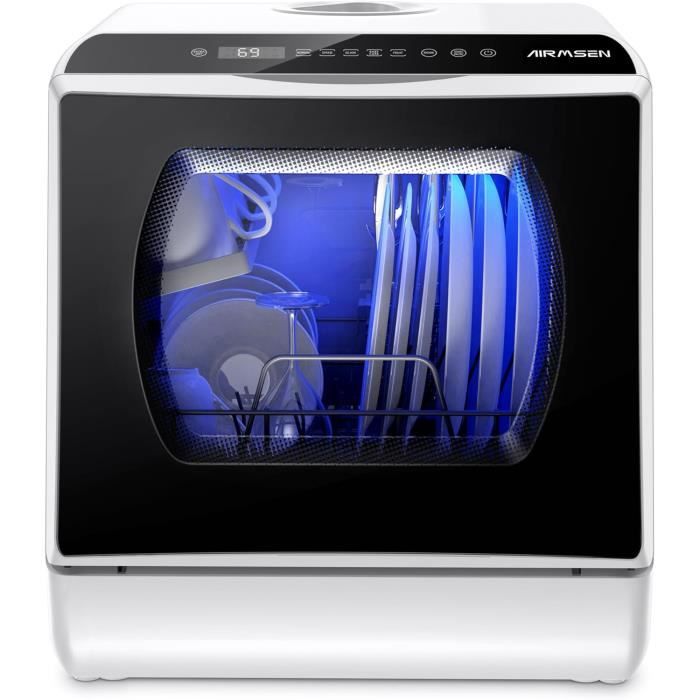 Mini Lave-Vaisselle - AIRMSEN - 5+1 Programmes - Blanc et Noir - Nettoyage à 360° - Écran LED - Airmsen
