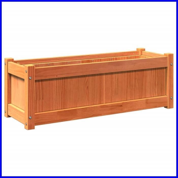 Jardinière en bois de pin massif - ASHATA - 90x31x31 cm - Cire marron - Rectangulaire - Percé