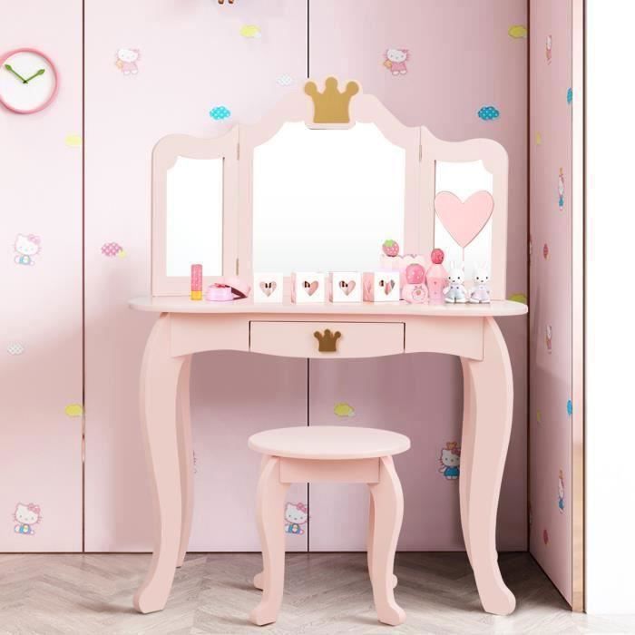 COSTWAY Coiffeuse pour Enfants avec Miroir à Trois Volets Dessus amovible Tabouret Inclus Jeu de Simulation pour Filles