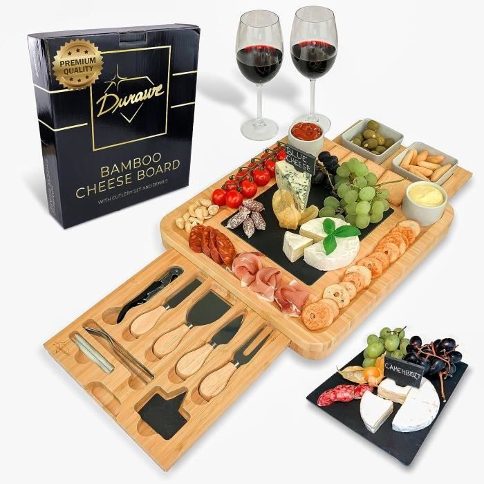 JS Gourmet - Ensemble de Service de Hors-D'oeuvres, Plateau en Bambou, Bols en Céramique et Cuillères