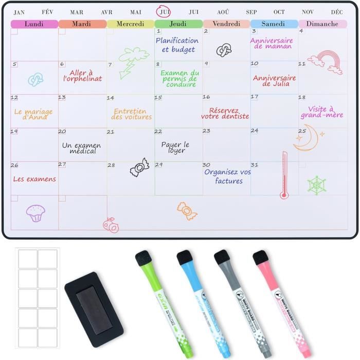 Planning Frigo Magnétique 2 Set - Tableau Acrylique Effaçable, 20x30 Cm, Avec 6 Marqueurs, Aimants Forts - Pour Organisation Hebdomadaire, Repas, Tâches - 9