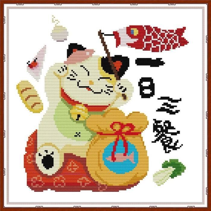 Kit De Broderie Au Point De Croix Estampé, Chat PorteBonheur « Trois Repas Par Jour » Diy 11 Ct