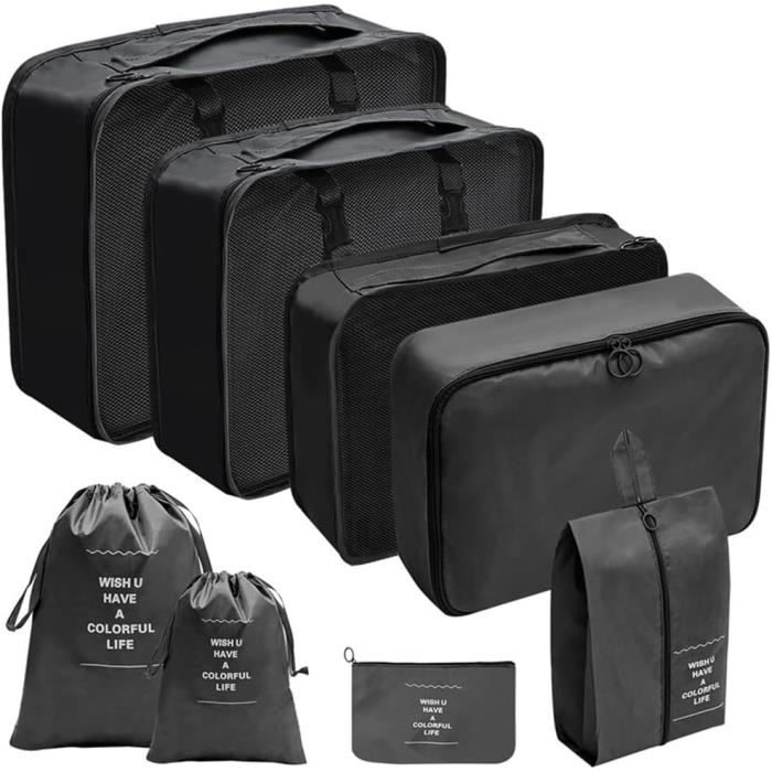 Lot De 12 Sacs De Rangement De Voyage - Organiseur Valise Imperméable - Cubes à Vêtements, Sac à Chaussures, Trousse Toilette - Tissu Avec Filet Transparent (Beige)