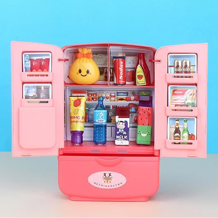 RHNE Simulation Double-Porte Amusant réfrigérateur Cuisine Jouet Intelligent Meubles pour Enfants avec Cuisine Jouet Ensemble Accessoires Rose