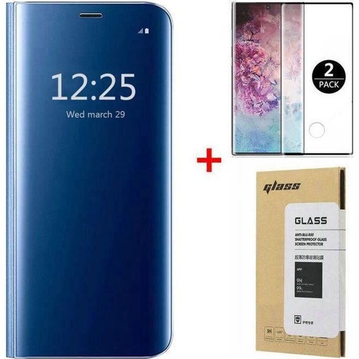Coque Samsung Galaxy Note 20 et [2 Pack] Verre trempé 3D Déverrouillage d'empreintes digitales, Miroir Flip Case Housse Étui pour