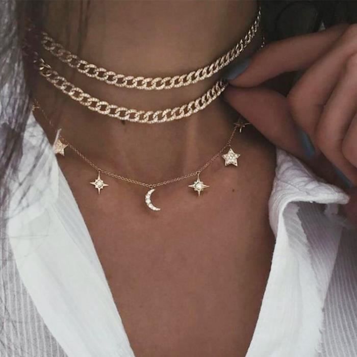 Argent Or Plaqué Multi-couche cristal Lune étoile Pendentif Collier Tour de Cou Bijoux Argent Or Plaqué Multi-couche cristal Lune étoile Pendentif Collier Tour de Cou Bijoux