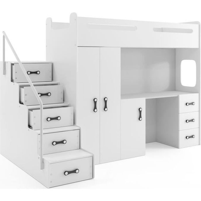 Lit mezzanine MAX 4 en 80x200 avec bureau, armoire, matelas, sommier et escalier en blanc+blanc