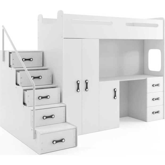 Lit mezzanine MAX 4 en 80x200 avec bureau, armoire, matelas, sommier et escalier en blanc+blanc