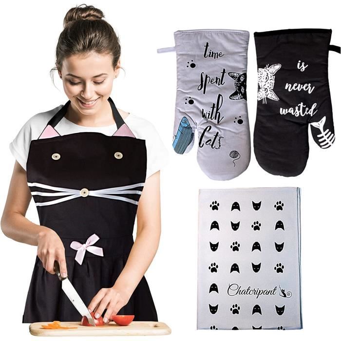Tablier cuisine chat noir, gants de cuisine anti chaleur et torchon motif  chat - pour femme ou jeune fille - manique bbq imprimé c - Cdiscount Maison